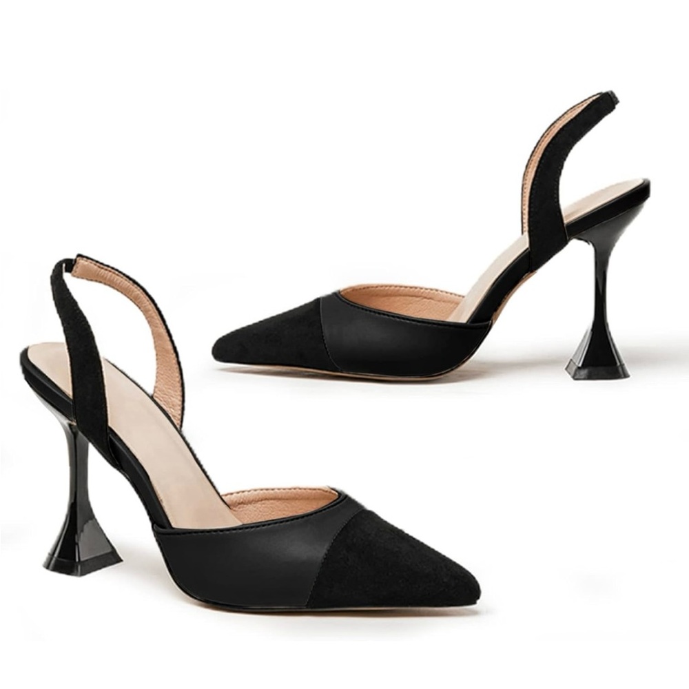 Coutgo Women's Slingback Pumps- Pointed Toe- Slip On- Stiletto Heels- Patchwork